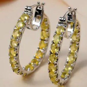 Tanzanian Canary Opal Inside Out Hoop Earrings, Platinum/Sterling Silver(New)